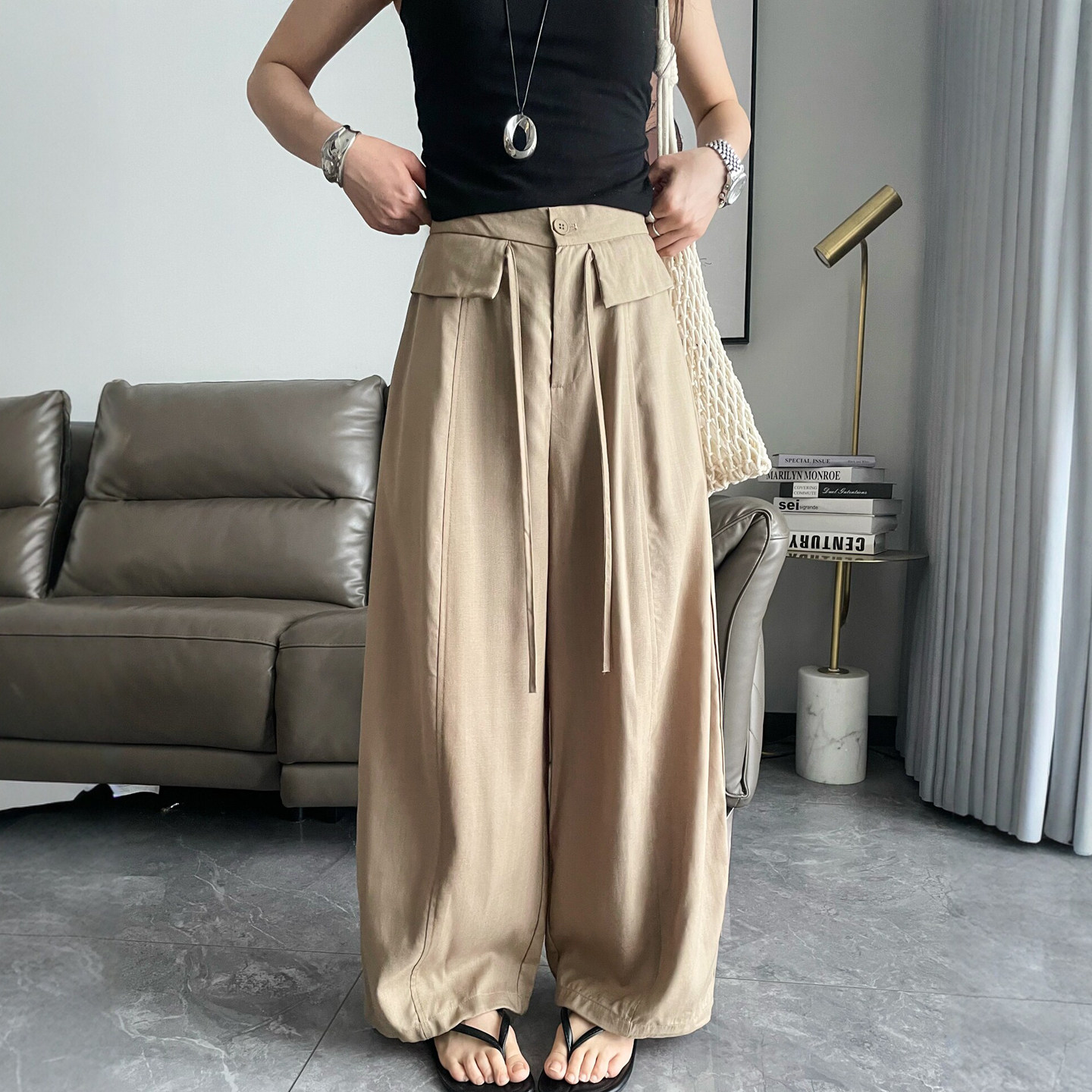 抽绳系带天丝亚麻阔腿裤女欧洲站2026夏季新款欧货女装休闲裤子潮