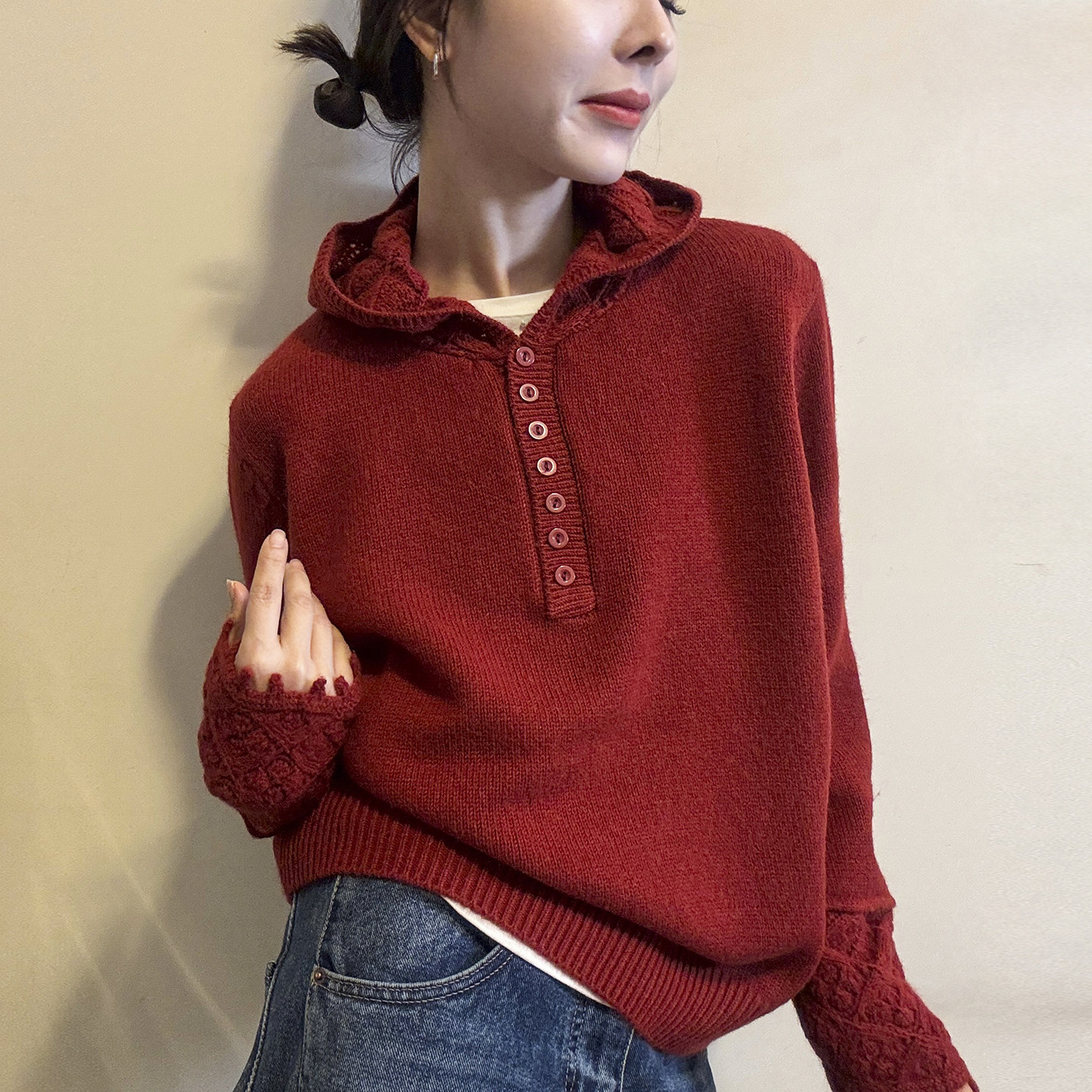 镂空钩花连帽羊毛针织衫女欧洲站2025冬装新款欧货女装打底毛衣潮,淘宝优惠券,粉丝福利购,淘宝优惠卷