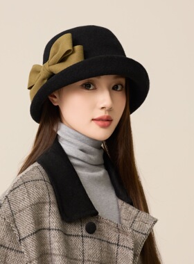 夕慕秋冬新款羊毛呢蝴蝶结渔夫帽女英伦复古画家帽百搭显脸小礼帽