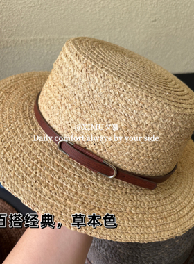 夕慕夏季拉菲草手工编平顶海边度假风防晒遮阳男女英伦6cm檐礼帽