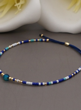 波西米亚风半宝石串珠手链彩色幸运石米珠可调节手串情侣叠戴手绳