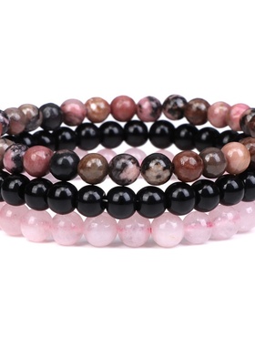 海外流行ins风手串6mm天然石珠子手链粉晶玛瑙石组合套装弹力手串