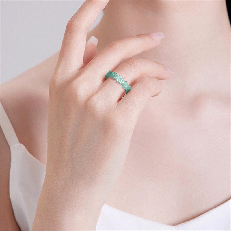 Natural A-grade jade blue water three-dimensional peach blossom ring ice jade ring couple gift for men and women prosperous peach blossom ring