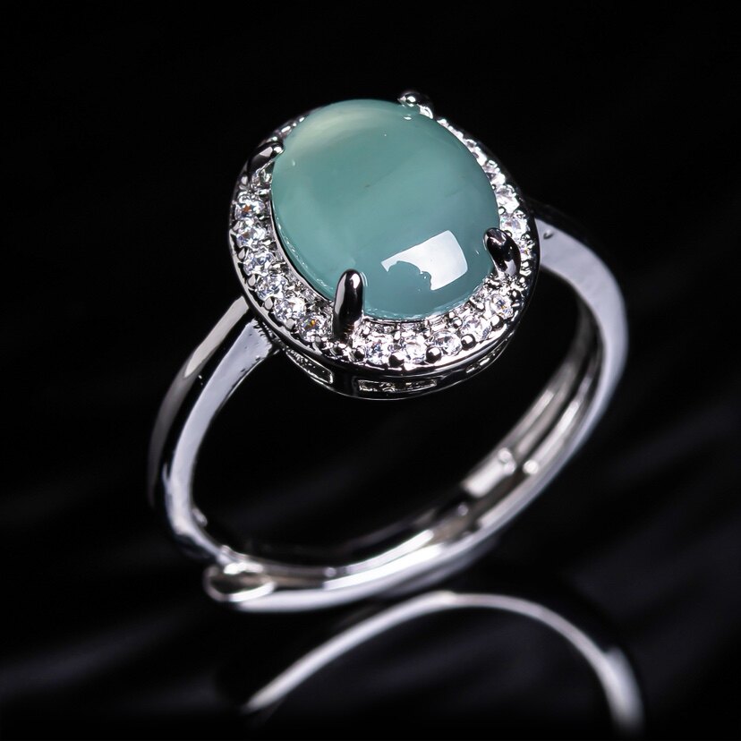 Natural a-grade jade egg ring for women, full of diamonds, light luxury and high-end ring, blue water jade pigeon egg ring