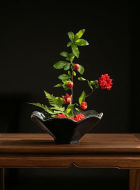 复古日式陶瓷斗笠剑山插花花盆