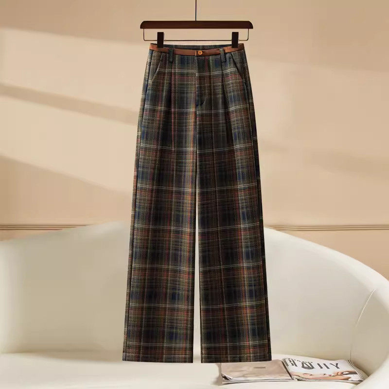 加绒加厚毛呢格纹阔腿裤女2026春秋季新款宽松直筒英伦风休闲裤子,淘宝优惠券,粉丝福利购,淘宝优惠卷