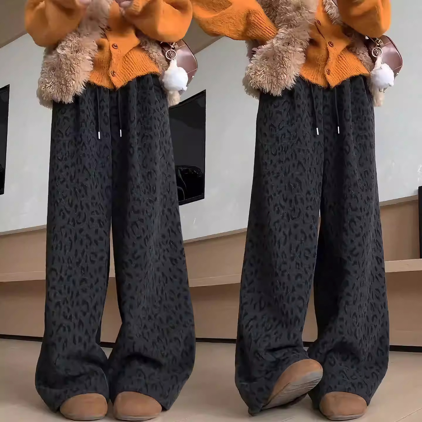 加绒加厚羊毛呢抽绳阔腿裤女2025秋冬季新款休闲豹纹弯刀拖地裤子,淘宝优惠券,粉丝福利购,淘宝优惠卷
