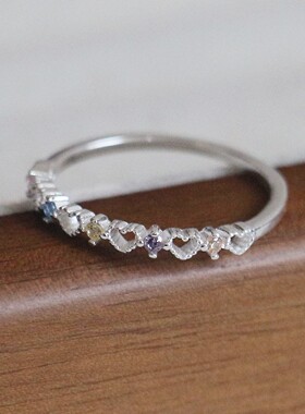 S925纯银心形排钻细款女士戒指