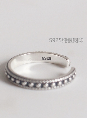 S925纯银开口戒指韩版复古做旧
