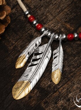 现货菊地健先金羽毛吊坠银饰