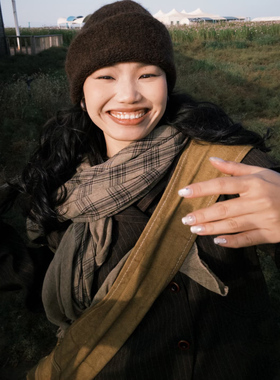 格子拼接纯色棉麻围巾女秋冬披肩