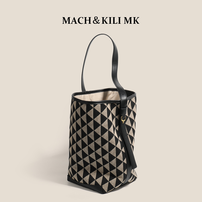 MACH＆KILI MK 牛皮小众格纹水桶包大包包女大容量百搭托特包 - 图0
