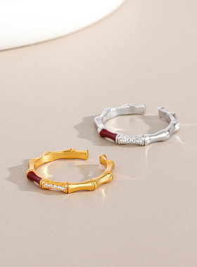 s925纯银镶钻竹节戒指女安可拉红