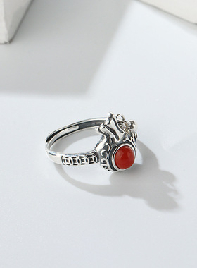 s925纯银南红宝石钱袋戒指铜钱指