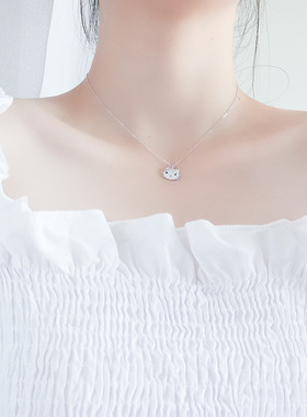 s925纯银kt猫项链女锁骨链满钻小