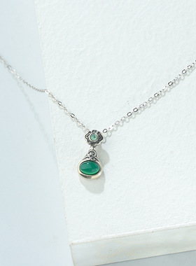 s925纯银如意项链镶嵌绿玉髓水滴