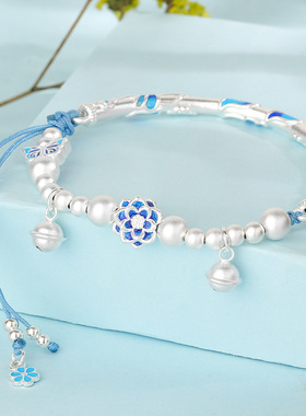 s925纯银青花珐琅莲花半镯手链女