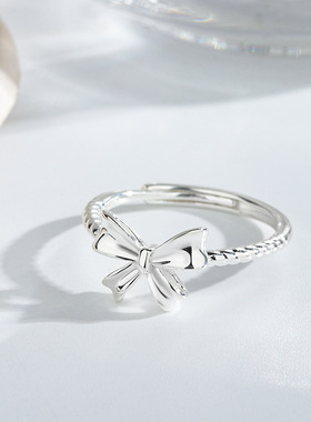 s925纯银素银高亮学生蝴蝶结戒指