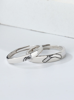 s925纯银牵手情侣戒指男女一对戒