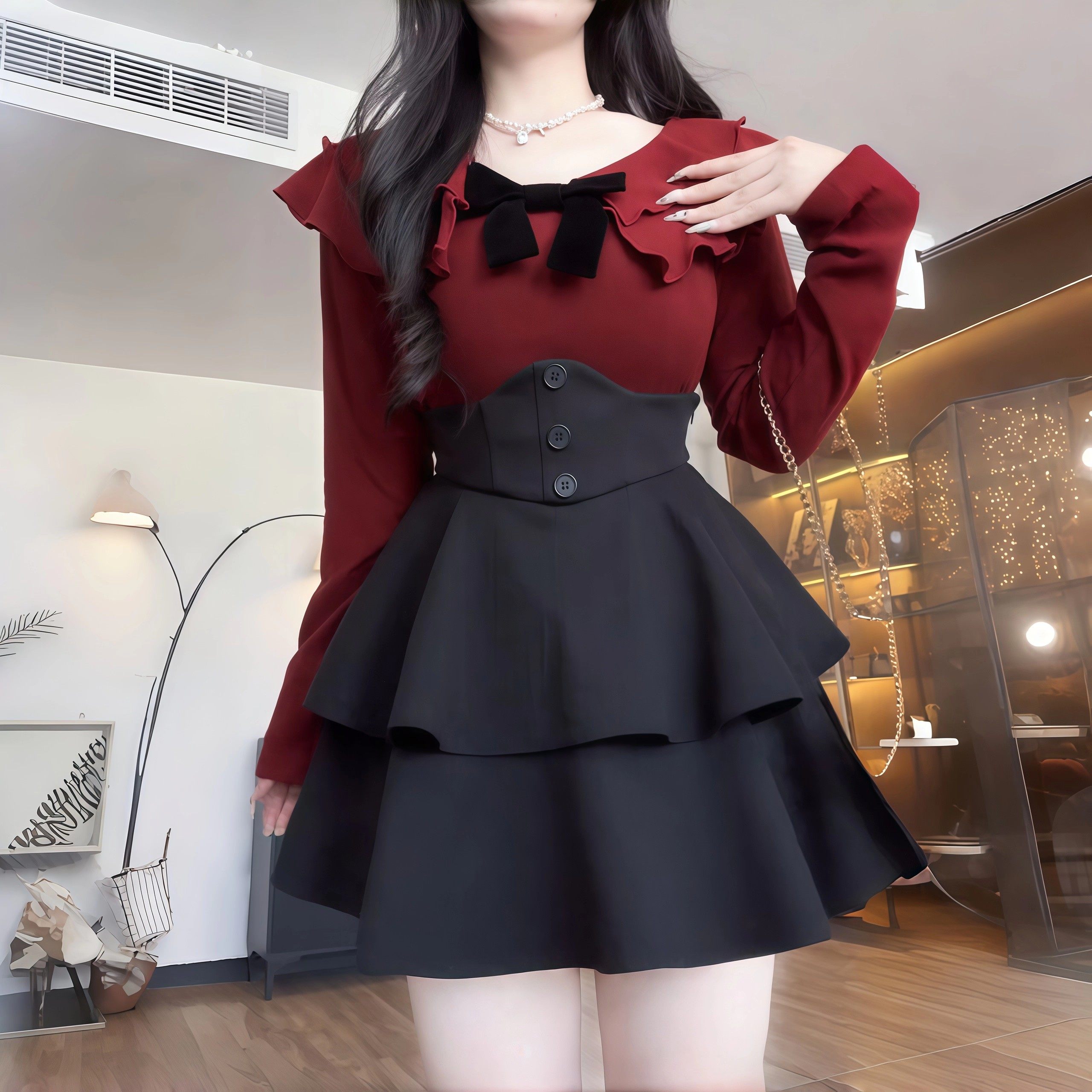 大码胖MM法式蝴蝶结荷叶边上衣A字半身裙女秋冬季显瘦束腰两件套,淘宝优惠券,粉丝福利购,淘宝优惠卷