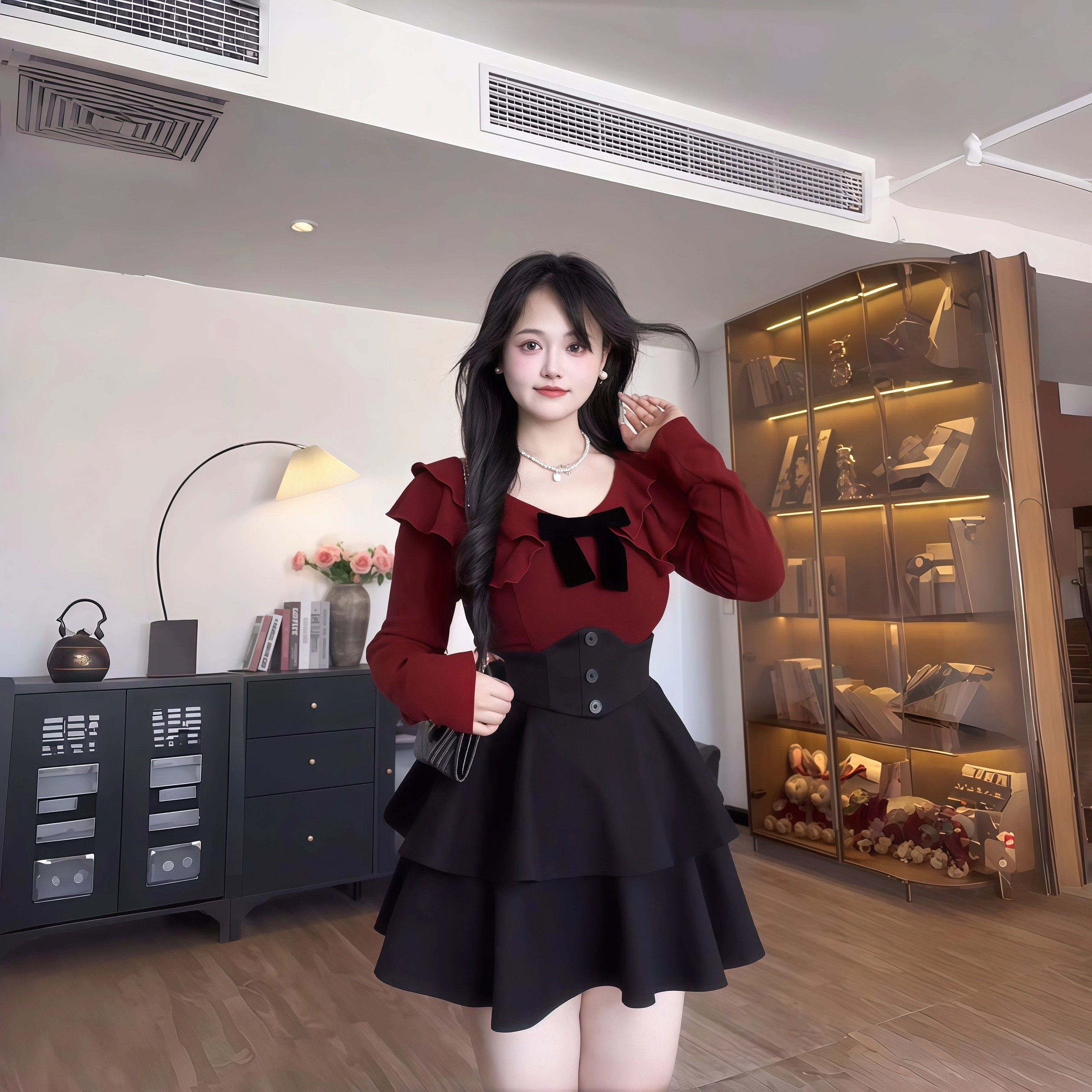 大码胖MM法式蝴蝶结荷叶边上衣A字半身裙女秋冬季显瘦束腰两件套,淘宝优惠券,粉丝福利购,淘宝优惠卷