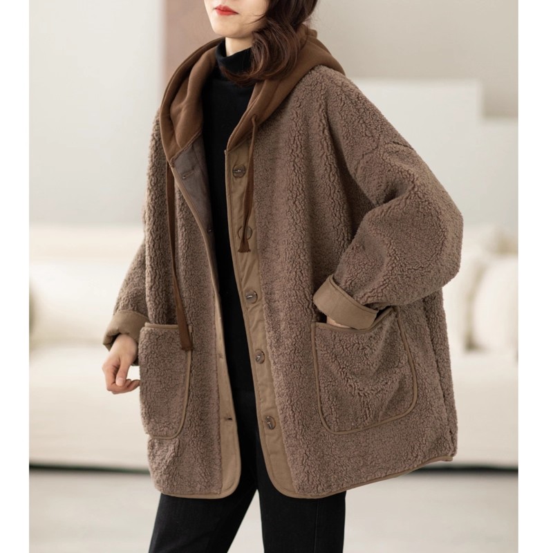 大码时尚连帽盐系毛呢外套女冬季胖mm加厚皮毛一体羊羔毛爆款上衣 - 图1