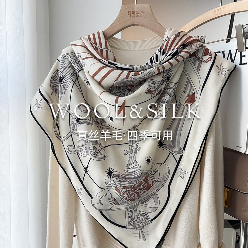 「中古收藏系列」奢品丝毛围巾女骑士真丝羊毛大方巾保暖披肩两用 - 图2