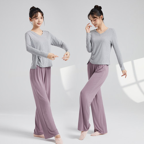 春夏新款V领广场舞上衣现代舞舞蹈衣形体练功服训练直筒阔腿裤女 - 图2