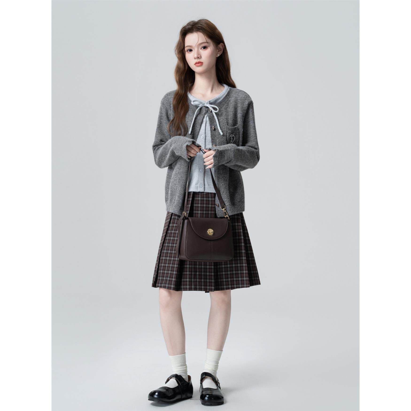 深灰色蝴蝶结针织开衫女春秋2025秋季新款假两件毛衣外套短款上衣,淘宝优惠券,粉丝福利购,淘宝优惠卷