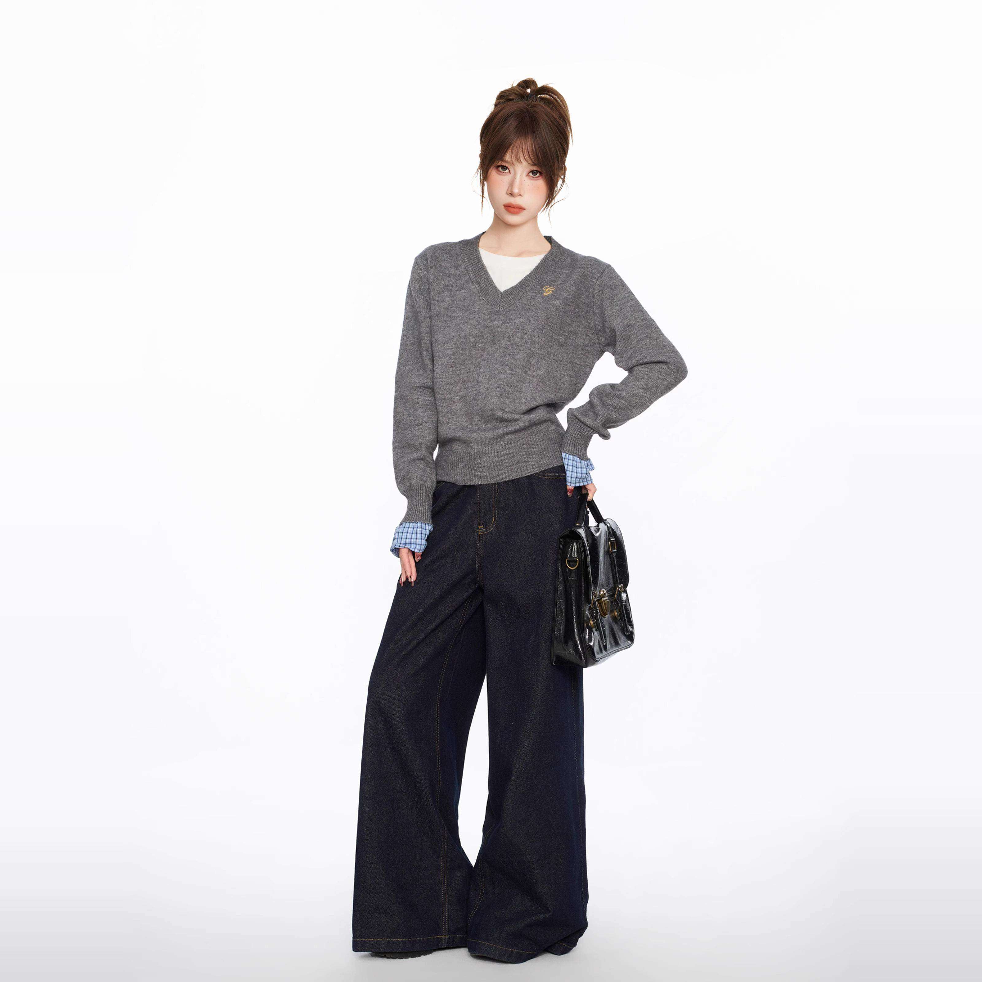 灰色V领假两件长袖针织毛衣女早春季短款内搭打底衫修身上衣春秋,淘宝优惠券,粉丝福利购,淘宝优惠卷