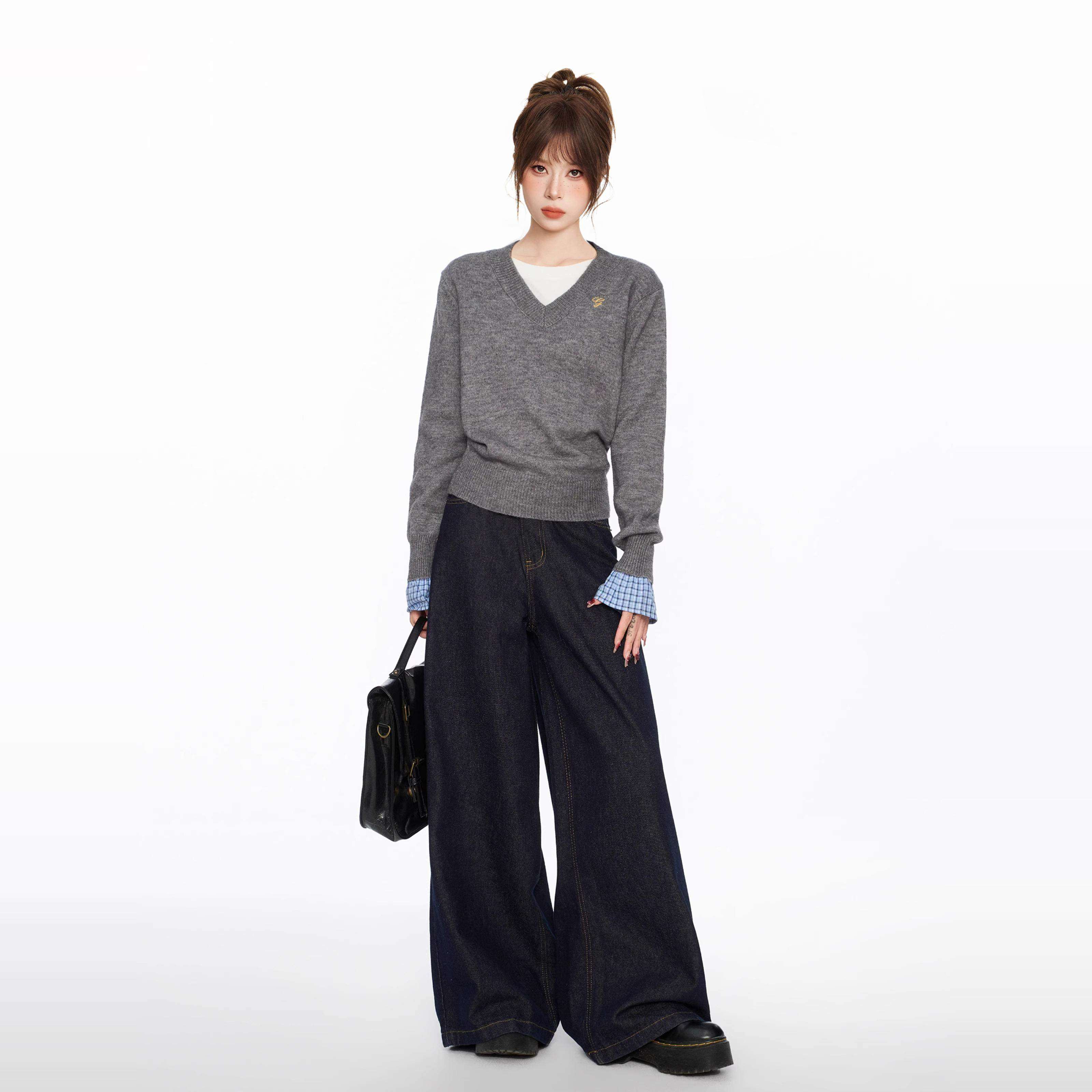 灰色V领假两件长袖针织毛衣女早春季短款内搭打底衫修身上衣春秋,淘宝优惠券,粉丝福利购,淘宝优惠卷