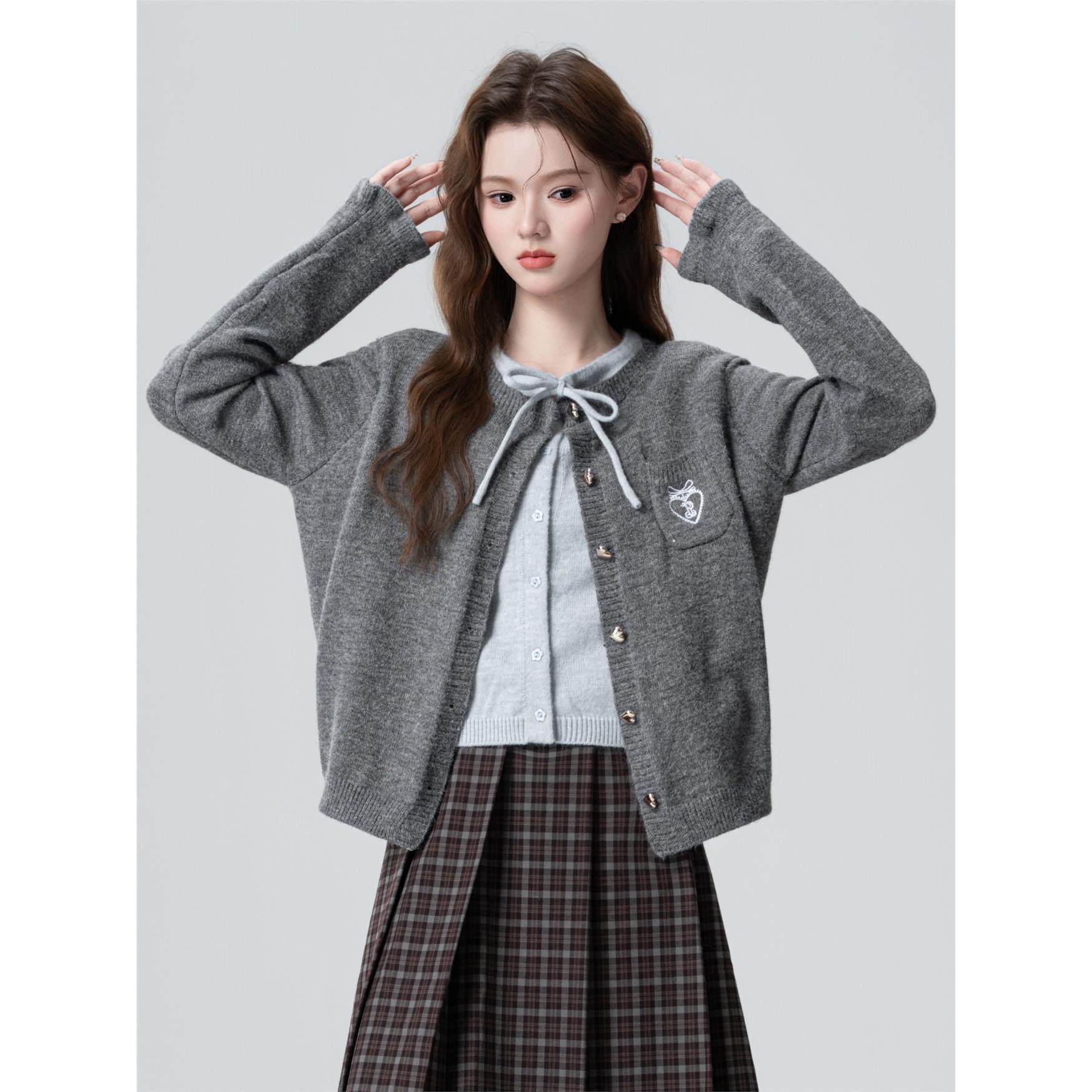 深灰色蝴蝶结针织开衫女春秋2025秋季新款假两件毛衣外套短款上衣,淘宝优惠券,粉丝福利购,淘宝优惠卷