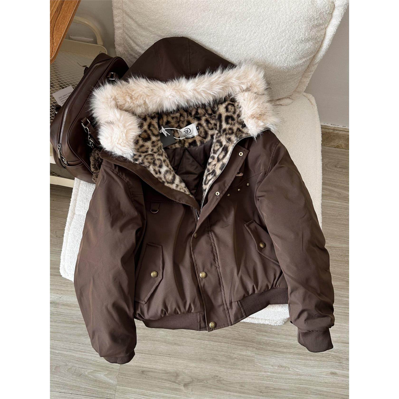 Nuneon美式覆古毛领豹纹座山雕棉衣棉服女情侣冬季加厚棉袄外套潮,淘宝优惠券,粉丝福利购,淘宝优惠卷