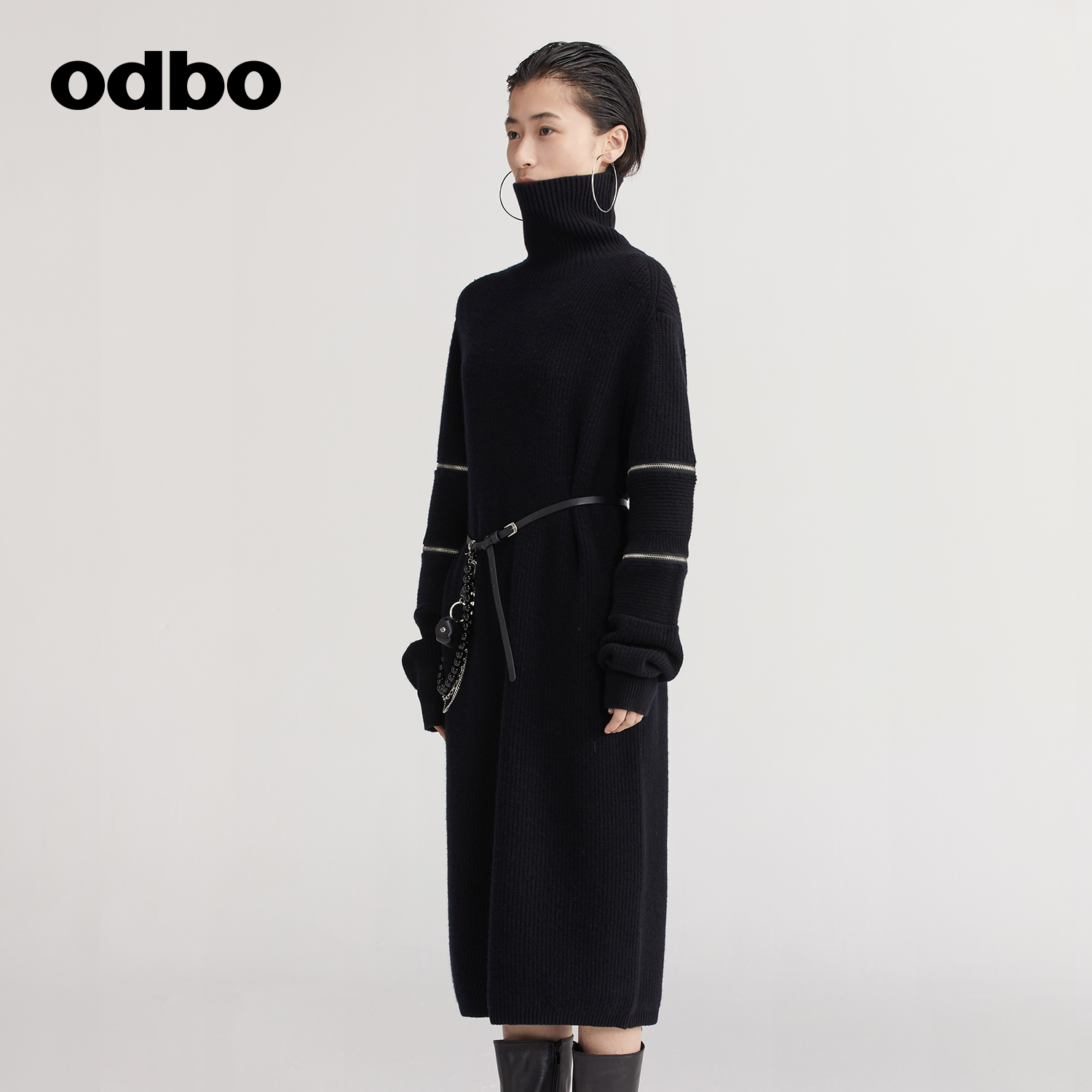 odbo/欧迪比欧原创设计黑色套头连衣裙秋冬女慵懒风时尚百搭裙子 - 图1