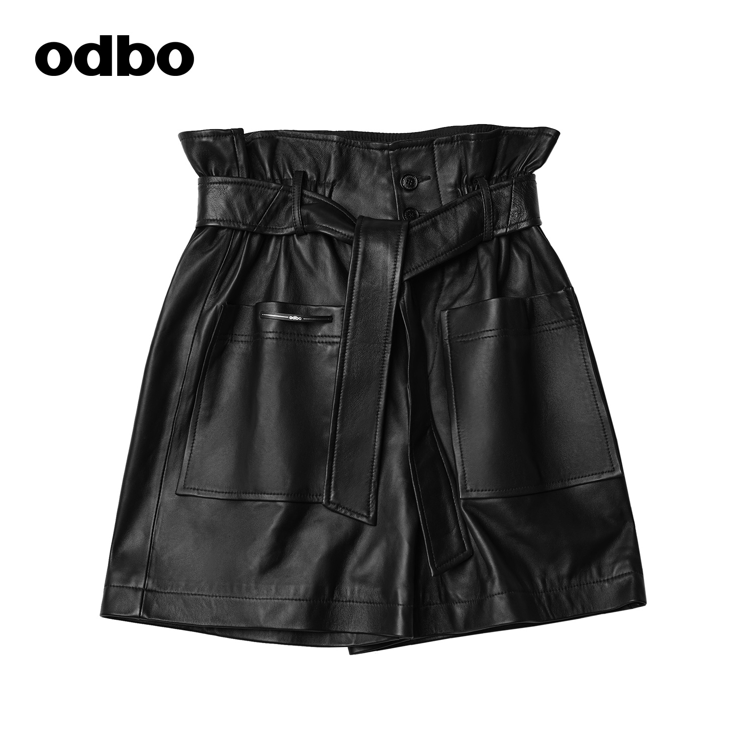 odbo 高端品牌花苞高腰羊皮革短裤女秋冬新款系腰带显瘦潮