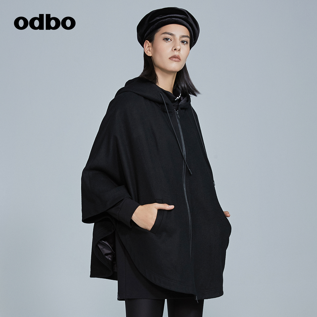 odbo双面羊绒连帽披风外套毛呢大衣 odbo短外套