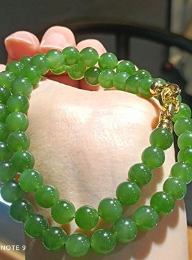 新疆和田碧玉项链阳绿8mm绿颗颗圆润 天然玉石挂链