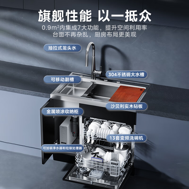 美的集成水槽洗碗机XH09变频13套分层洗嵌入式洗菜盆洗碗机一体柜 - 图1