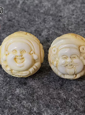 天然鹿角雕刻财神弥勒双面两通复古做旧高密配珠腰珠顶珠配饰配件