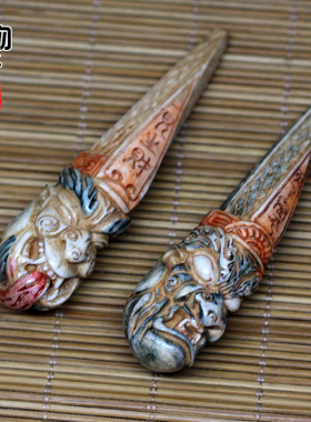 天然鹿角雕刻黑白无常吊坠彩色上色高密挂件项坠佛珠手串配饰配件