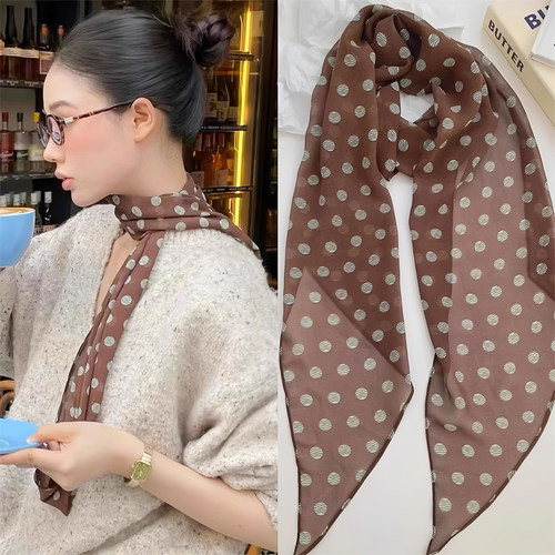 棕色波点丝巾印花高级百搭配饰系脖女2025年新款发带绑发长条围巾 - 图2