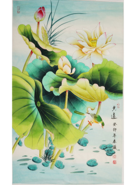 手工纯手绘工笔花鸟荷花鱼