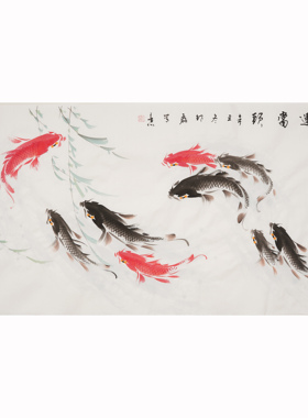 手绘水墨国画九鱼图背景墙挂画