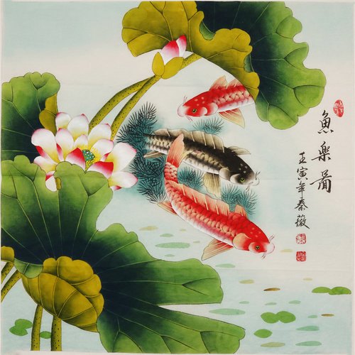斗方工笔画花鸟国画荷花鱼连年有鱼九鱼图装饰画秦薇字画01717 - 图1