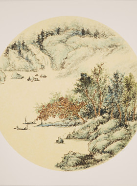 已裱卡纸斗方山水画手绘