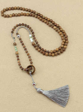 清冷新中式木质串珠长流苏项链