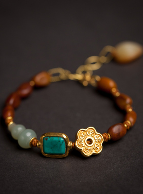 和田玉红皮籽料手链24K老金绿松石包金老珠籽料葫芦多宝手串