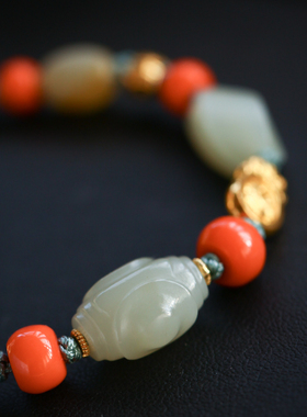 《福如宝》和田玉配24K18K黄金珍宝手链项链套装