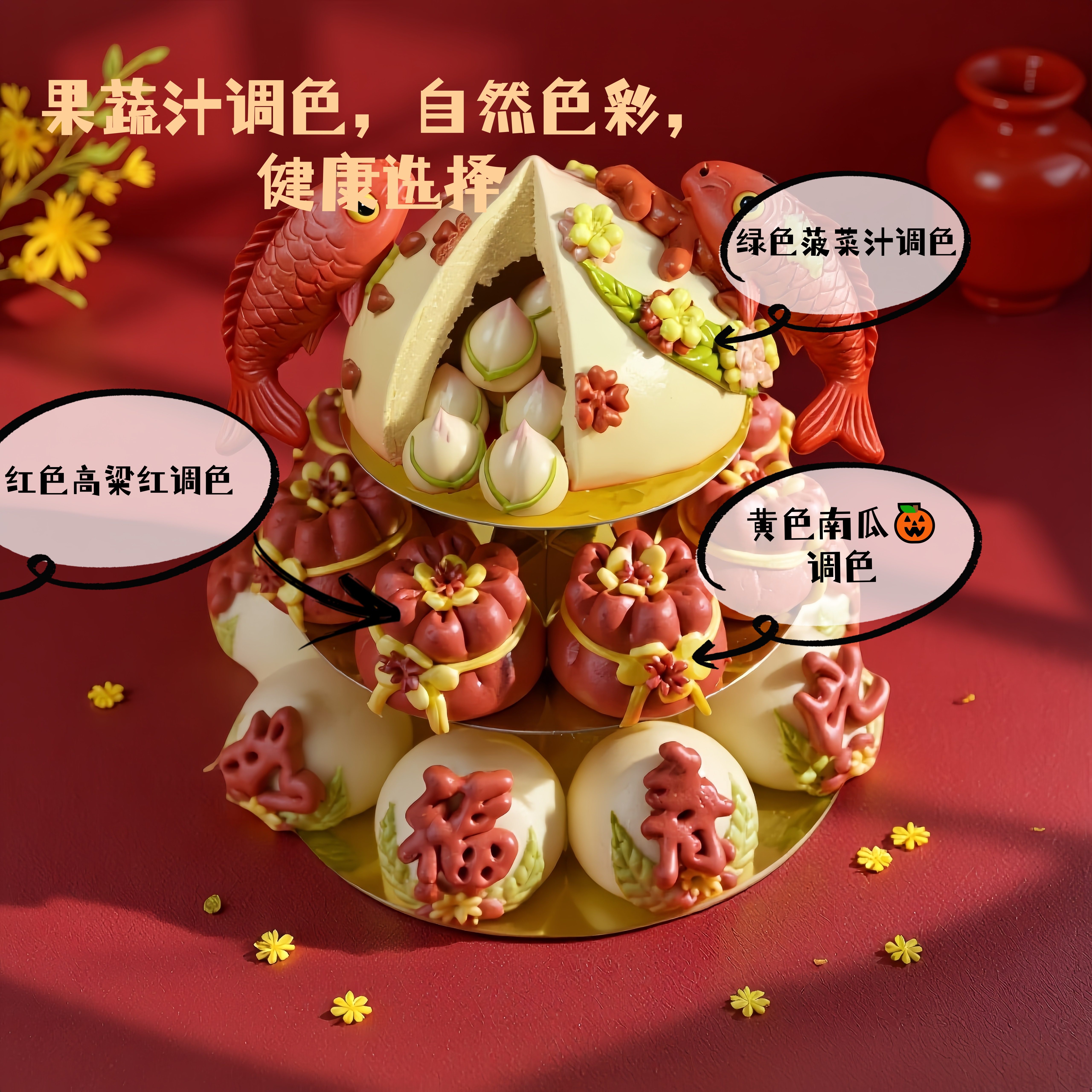 寿桃馒头老人生日蛋糕祝寿手工花馍花饽饽过寿宴胶东多层寿塔摆台