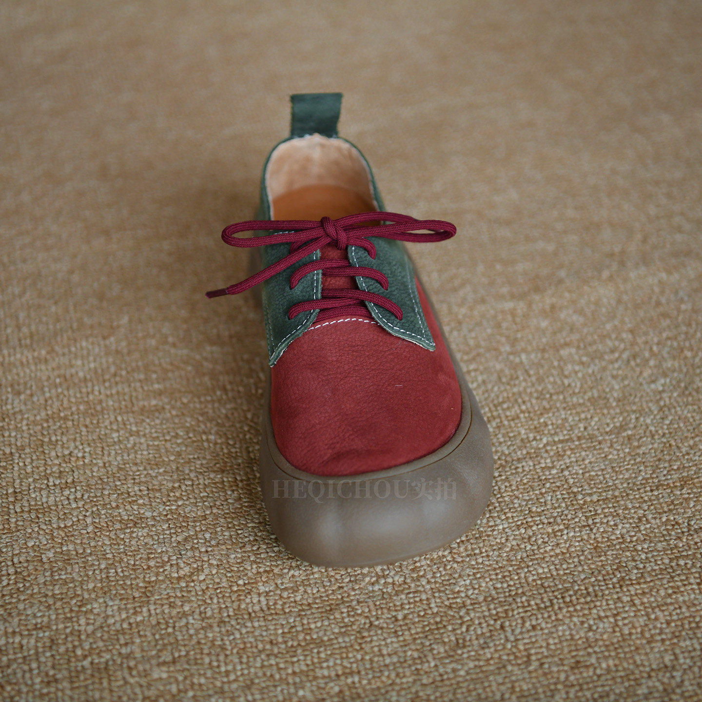 何其丑牛皮复古圆头撞色系带勃肯鞋女新款真皮舒适休闲鞋平底女鞋,淘宝优惠券,粉丝福利购,淘宝优惠卷